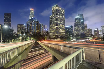 Gartenposter Downtown Los Angeles at night with car traffic light trails © chones
