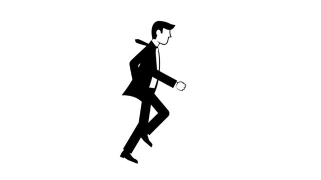 Quickly running businessman in a suit. A looped black and white animation. Alpha channel is included.