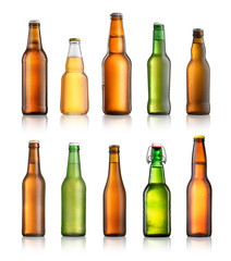 Collection of different beer bottles isolated on white background
