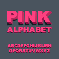 3d font. Three-dimensional pink alphabet letters. Vector illustration.