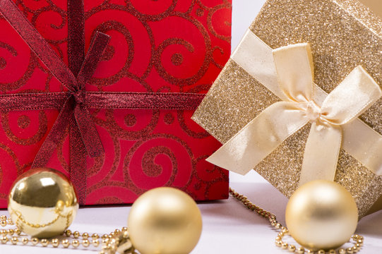 Holiday/Christmas Gifts In Red And Gold Close Up