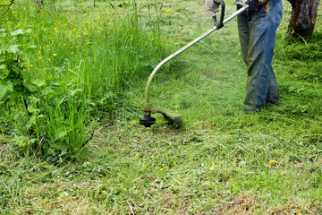 grandmother mows the grass