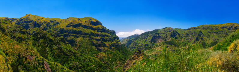 Naklejka premium View of mountains on the route Encumeada - Boca De Corrida, Madeira Island, Portugal, Europe.