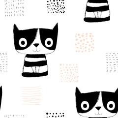 Modern seamless pattern with hand drawn cat, dots and scribbles in black, white and pink color for children clothing and surface design