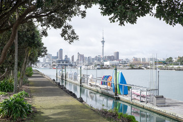 Rubberboten en boten in Westhaven Marina met de skyline van Auckland CBD - Nieuw-Zeeland, NZ