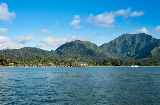 Afternoon view of  Hanalei Bay and Pier on Kauai Hawaii