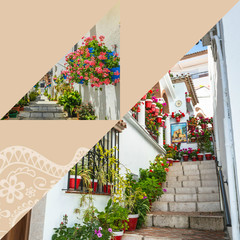Collage of Mijas with flower pots in facades. Andalusian white village. Costa del Sol