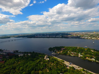 Fototapeta na wymiar Aerial view. River and bridge in the city Dnepr, Ukraine.