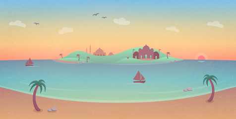 Fototapeta na wymiar Tropical Paradise with Sunset - illustration with a tropical island, buildings, palm trees, beach and boats sailing on the calm ocean. 