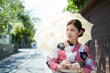 日傘をさす浴衣女性