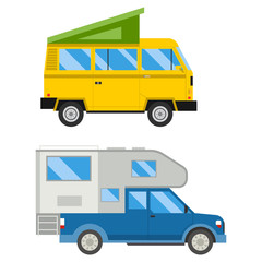 Campers vacation travel car summer nature holiday trailer house vector illustration flat transport