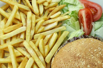 Deurstickers French Fries Cheeseburger with Salade and Tomatoes © vali_111