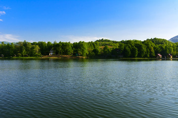 Obraz premium View over the big beautiful lake for rest and fishing, Ukraine