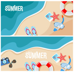 Fototapeta na wymiar Summer beach top view vector illustration. Travel banner or flyer