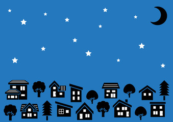 シンプルな家と木の並びシルエット(夜空に三日月と星)