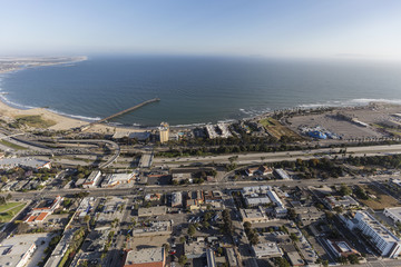 Aerial view of Ventura Pier and waterfront in Southern California.