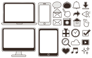 スマホ・パソコン・SNSの手描き風アイコンセット（モノクロ）