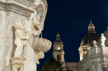 Catania by night; Partial view of the monument in the main square of the town