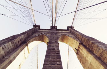 Brooklyn Bridge: brick tower arch viewed from bridge