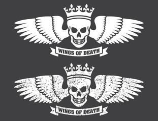 Winged Skull Vector Design
Vector illustration of human skull wearing a crown with large spread wings. Includes both clean and distressed, grunge versions.