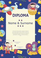 Diploma cartoon template. Spaceship, stars. planets, comets. For award for victory in scientific competition. Cartoon space diploma template.