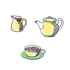 Tea service hand drawn isolated icon. English culture element, patriotic vector illustration.