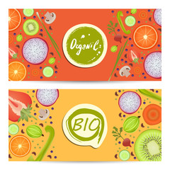 Organic food horizontal flyers set vector illustration. Vegetarian, gmo free, fresh and natural, vegan, raw food, gluten free, healthy lifestyle, bio and eco nutrition concept. Fruits and vegetables.