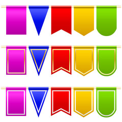 Set festival flags of different colors and shapes. White background.