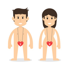 Man and woman character . Heart was hung and hide genital area .