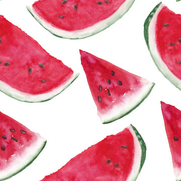 Watercolor seamless pattern with watermelons slices on white background. Hand painting on paper