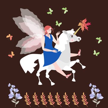 Beautiful winged horsewoman on magic unicorn.