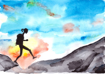 Watercolor illustration: girl traveler walking in the mountains at sunset