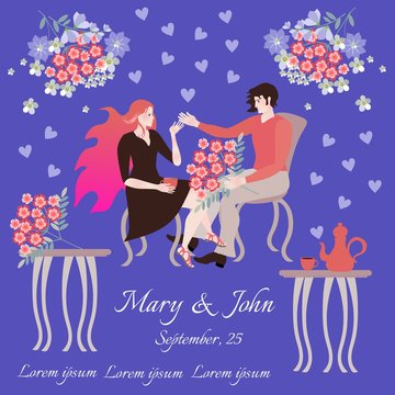Wedding invitation card template with loving couple in cafe. Man with bouquet and beautiful woman surrounded by flowers and hearts.