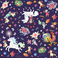 Harvest festival. Seamless vector pattern for baby with lovely animals harvesting apples, strawberries, cabbage, cucumbers, wheat. Print for fabric. Rooster, horse, monkey, unicorn, raccoon, cat, fox.