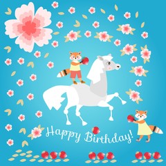 Little foxes with strawberry and funny horse on beautiful floral background. Greeting card Happy birthday! Vector template.