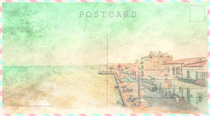 Colorful postcard template. Ready to use postal card. Watercolor painting postcard. Oil painting style.
