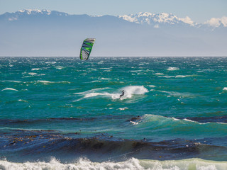 Kite surfer in action on a windy day