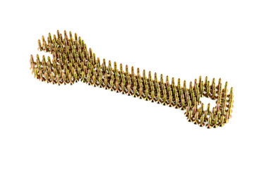 Double-sided wrench drawing with yellow avarage galvanized screws isolated on white background