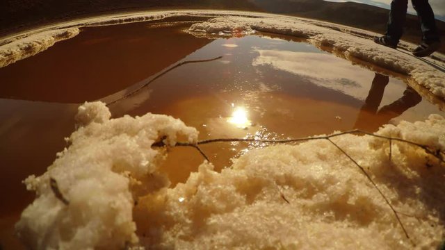 Puddle of Ginger Water With Salt Feets go Reflections of Man in Meke Lake