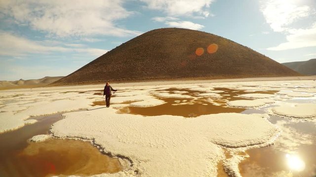 Girl Runs and Jumps on Salt Islets Meke Lake Karapinar