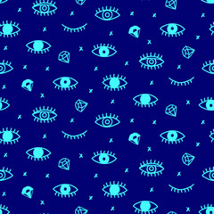 Vector Seamless pattern with hand drawn open and winking neon psychedelic eyes
