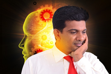 Man thinking photo with female face