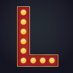 Letter L alphabet sign marquee light bulb vintage carnival or circus style ,Vector illustration