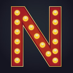 Letter N alphabet sign marquee light bulb vintage carnival or circus style ,Vector illustration