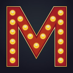 Letter M alphabet sign marquee light bulb vintage carnival or circus style ,Vector illustration