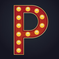 Letter P alphabet sign marquee light bulb vintage carnival or circus style ,Vector illustration