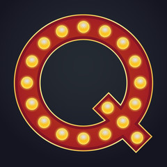 Letter Q alphabet sign marquee light bulb vintage carnival or circus style ,Vector illustration