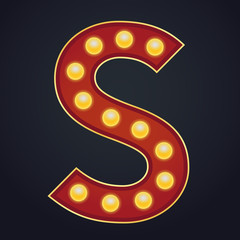Letter S alphabet sign marquee light bulb vintage carnival or circus style ,Vector illustration