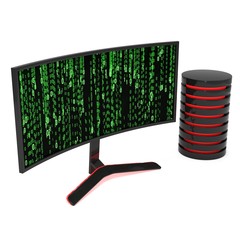 Black Curved LCD tv screen server hard disk and abstract matrix binary computer code. 3d render isolated on white.