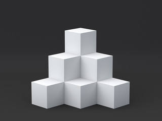 White cube boxes on dark background for display. 3D rendering.
